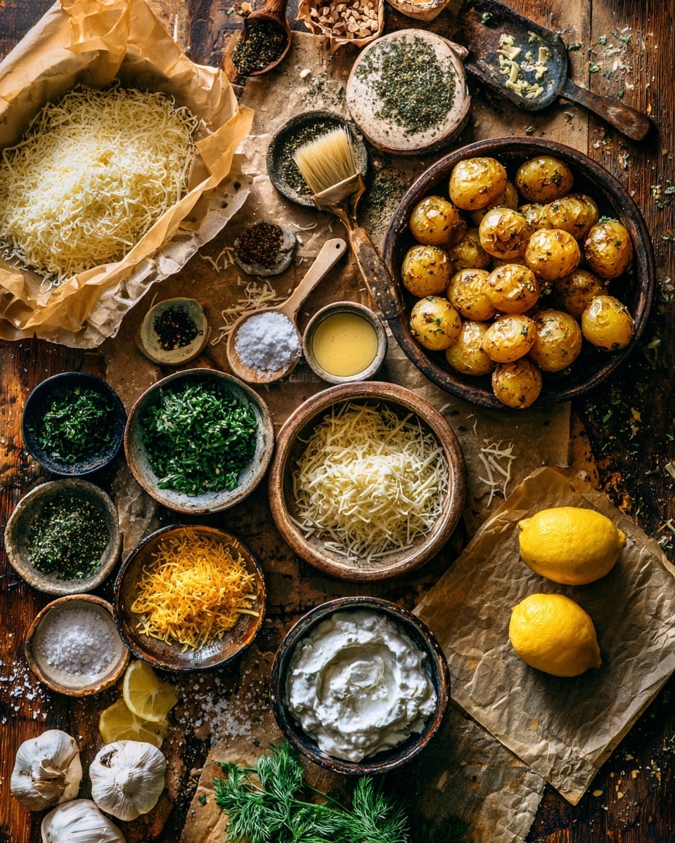 A clear glass bowl sits on a white marbled surface filled with a mix of yellow baby potatoes, some whole and some sliced in half, all coated in a mixture of black pepper and seasoning with a slightly rough texture. Next to the bowl is a rectangular glass dish filled with a pale, crumbly breadcrumb mixture, some of which has spilled slightly onto the marbled surface. photo taken with an iphone --ar 4:5 --v 7