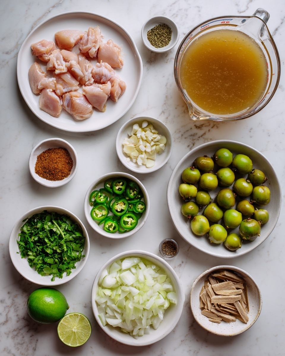 A white bowl filled with a thick green soup as the main layer, topped with small light green avocado cubes, thin pale white shredded cheese, thin light brown crunchy strips piled on one side, a dollop of white cream, small white and pink radish sticks, and sprinkled with fresh green cilantro leaves. A silver spoon rests inside the bowl at the front. In the background, there are two white bowls, one with more light green avocado cubes and the other with extra light brown crunchy strips, all set on a white marbled surface. A white cloth with black stripes is partially visible in the front. Photo taken with an iphone --ar 4:5 --v 7