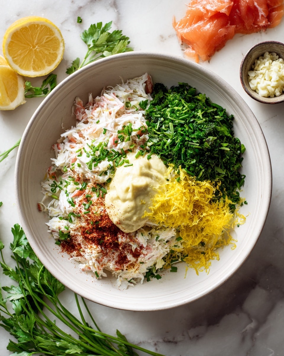 A white bowl sits on a white marbled surface filled with four main layers of ingredients: first, a base of shredded white crab meat; second, a generous dollop of light yellow mayonnaise on the right side; third, bright yellow lemon zest sprinkled mostly on the bottom and center; and fourth, finely chopped bright green parsley covering the top left side. These layers are topped with a dusting of reddish-brown seasoning over the mayonnaise and lemon zest. Around the bowl, there are fresh green parsley sprigs and lemon wedges on the white marbled surface, with parts of sliced raw salmon and a small bowl of minced garlic also visible. photo taken with an iphone --ar 4:5 --v 7
