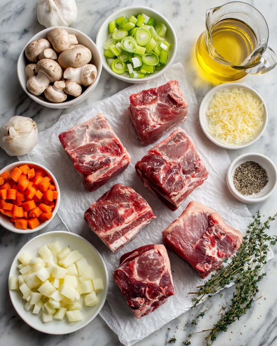 The image shows four large raw meat pieces with bones, placed on a sheet of parchment paper in the center. Surrounding them are white bowls filled with various ingredients: sliced mushroom and small potatoes in one, sliced light green leeks in another, chopped fresh green herbs, diced orange carrots, finely chopped white onions, minced shallots, and lemon slices. Small white bowls hold coarse salt and black pepper. A small plate has garlic cloves and thyme sprigs, and a tiny bowl holds finely grated yellow and white zest. There is also a clear glass jug filled with light yellow cooking oil and another with a golden liquid. All items are on a white marbled surface. photo taken with an iphone --ar 4:5 --v 7