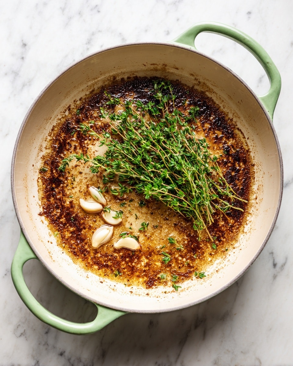 The image shows a white cast iron pan with light green handles placed on a white marbled surface. Inside the pan, there is a browned butter layer with dark and golden brown spots, spread evenly across the pan's surface. On top of the browned butter, there are several peeled garlic cloves scattered near a small bunch of fresh green thyme sprigs, positioned slightly off-center in the pan. The overall texture of the browned butter looks slightly bubbly and oily, with the garlic and thyme fresh and vibrant. Photo taken with an iphone --ar 4:5 --v 7