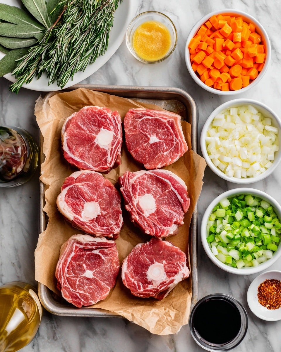 The image shows five red raw meat slices with white bone in the center, placed on brown parchment paper on a metal tray in the middle. Around the tray, there are small white bowls filled with different chopped ingredients: orange carrots, white onions, green celery, and minced garlic. There is a clear glass container with a dark brown liquid, a white wine bottle, and small round bowls holding yellow mustard, flour, salt, black pepper, and a red paste. On the top left, a white plate holds green fresh herbs like rosemary and sage. The background is a white marbled surface photo taken with an iphone --ar 4:5 --v 7