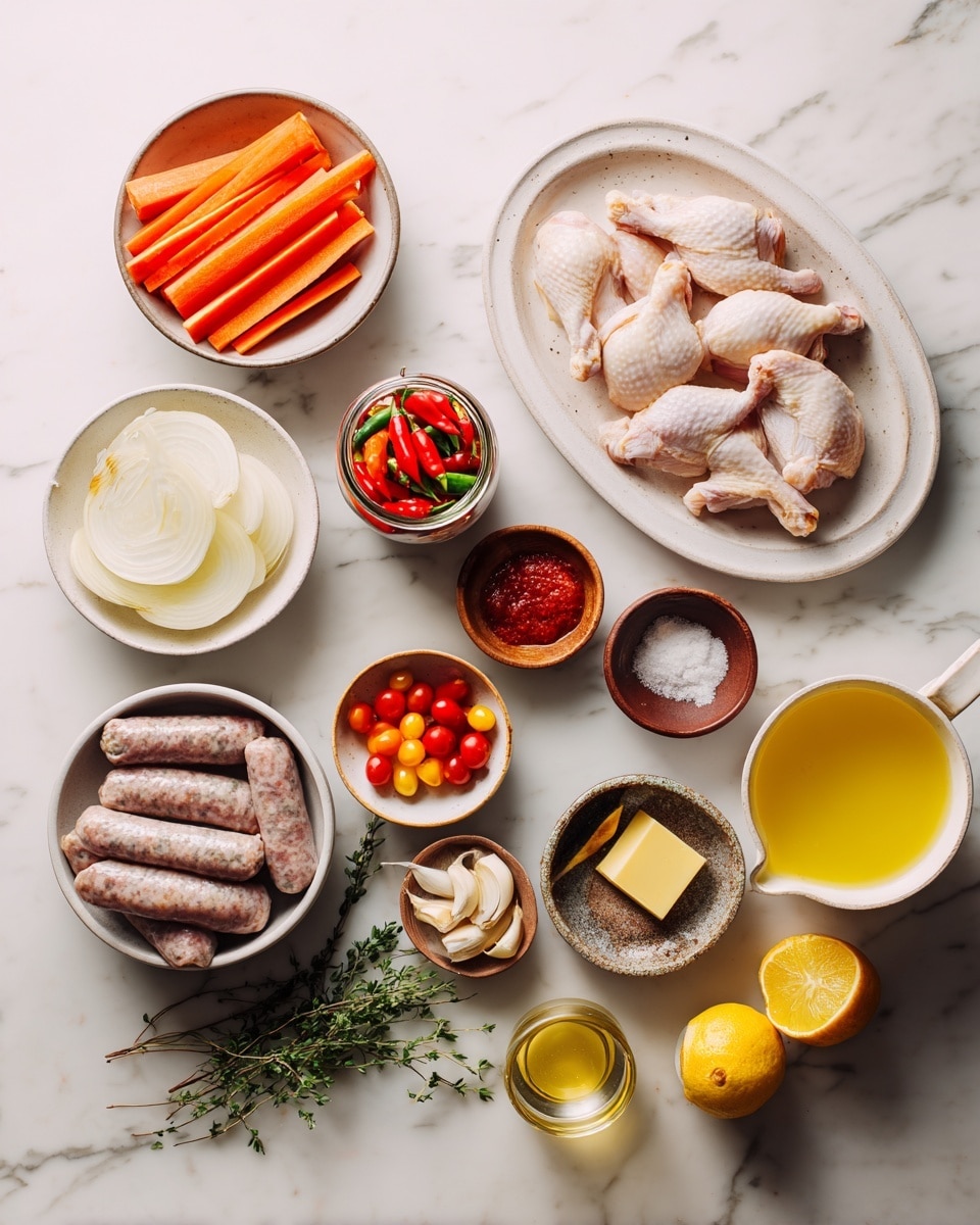 The image shows many cooking ingredients arranged neatly on a white marbled surface. On the top right, there is a white oval plate with six pieces of raw chicken with skin, light beige color. To the left, a white bowl holds bright orange, thin carrot sticks. Next to it is a smaller white bowl with sliced white onions. Below are four raw sausages with a marbled gray and pink texture arranged neatly in a white bowl. In the center, there is a jar of red and green sliced hot cherry peppers placed diagonally. Nearby, a white bowl is filled with small red and yellow cherry tomatoes. Small wooden and ceramic bowls hold sliced garlic, salt, and black pepper. There is a small brown ceramic bowl with red paste, a glass cup with light yellow oil, a small brown bowl with a stick of pale yellow butter, a glass pitcher with light brown broth, and a small white cup with bright yellow oil. Fresh green herb sprigs lay on the bottom right, and two lemon halves are placed on the left side. photo taken with an iphone --ar 4:5 --v 7