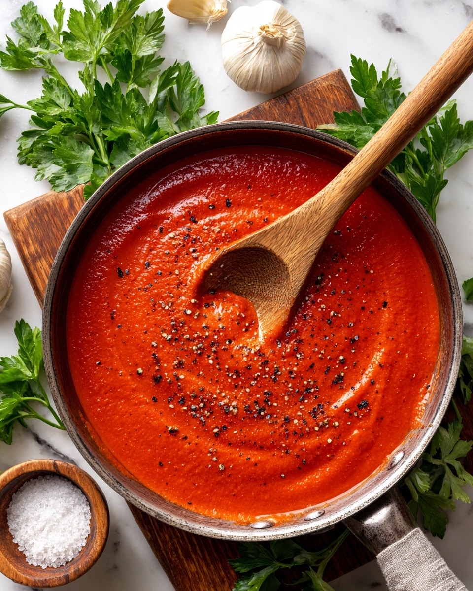A close-up top view of a metal pan filled with a smooth, bright red tomato sauce, sprinkled lightly with black pepper and salt on top. A wooden spoon rests inside the pan, partially submerged in the sauce, with its handle pointing toward the right side. Around the pan are fresh parsley leaves on a wooden board with a partly peeled garlic bulb, and a small wooden bowl filled with salt, all set on a white marbled textured surface. photo taken with an iphone --ar 4:5 --v 7