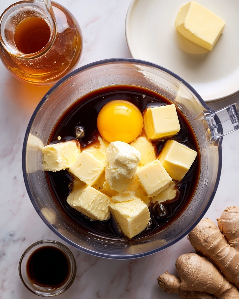 A clear food processor bowl shows a mixture of ingredients inside. There are two bright yellow egg yolks on opposite sides, surrounding several cubes of pale yellow butter. Dark brown liquid sauce is drizzled over the butter, pooling around the eggs and settling at the bottom. The bowl and its contents sit on a white marbled surface. Near the top edge, part of a glass bottle with amber liquid and a small glass of the same dark sauce are visible. To the right, a piece of fresh ginger root and part of a white plate with a cube of butter are also seen. Photo taken with an iphone --ar 4:5 --v 7
