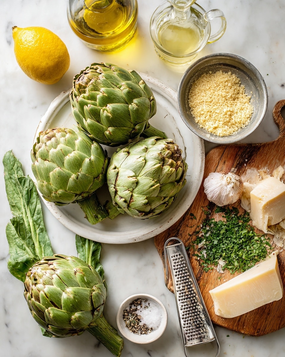 The image shows a white round plate on the left holding three whole green artichokes with fresh leaves, and one more artichoke resting outside the plate on a white marbled surface. Above the plate are a glass bottle with olive oil and a lemon. To the right, there is a wooden board with several ingredients: a metal cup filled with fine yellow breadcrumbs at the center, a glass jar with light golden liquid below it, finely chopped green herbs piled to the right, minced garlic above the herbs, a block of pale yellow cheese next to a pile of grated cheese and a metal grater, and a small white bowl containing salt and coarse black pepper. The photo taken with an iphone --ar 4:5 --v 7