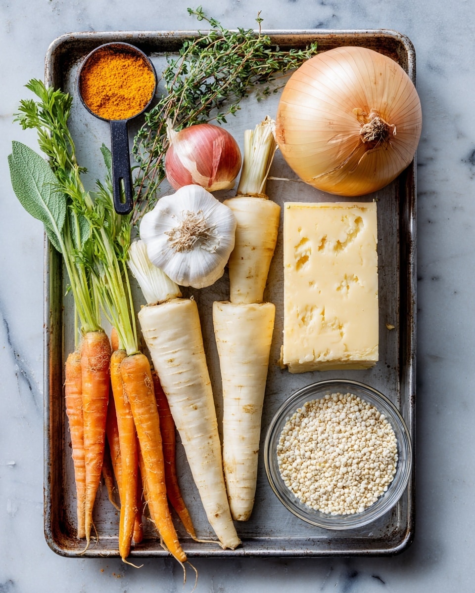 A metal tray on a white marbled surface holds several fresh ingredients arranged neatly: a block of light yellow cheese and a large round onion with a papery light brown skin are on the right side near the top; below them are two light beige parsnips and a bunch of orange carrots with green tops. To the left are sprigs of green herbs including sage and thyme, a head of garlic with some cloves separated, a small clear bowl filled with white quinoa grains, a shallot with reddish skin, and a black measuring spoon containing bright orange powder near the top left corner. The arrangement is bright and colorful with natural textures clearly visible photo taken with an iphone --ar 4:5 --v 7