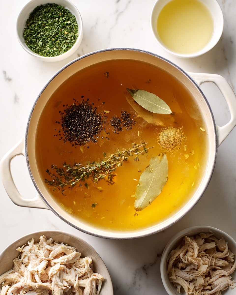 A white pot filled with a golden broth is shown from above, with four piles of spices floating on top, including black pepper, dried herbs, and two bay leaves. Around the pot on a white marbled surface, there is a white bowl of chopped green herbs at the top left, a small bowl with a light yellow liquid at the top right, and a white bowl filled with shredded chicken at the bottom left. The scene is bright and clear with soft natural light. photo taken with an iphone --ar 4:5 --v 7