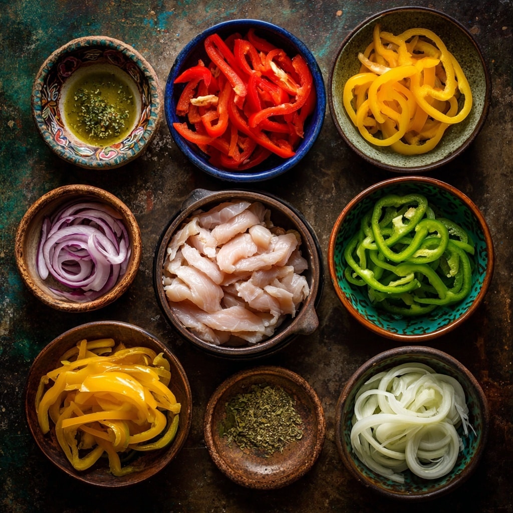 The image shows two scenes side by side on a white marbled surface. On the left, there is a white bowl with brown spice mix and a small metal whisk inside it, next to a white bowl of light yellow minced garlic, a silver bowl with red and yellow sliced bell peppers, a small white bowl of a pale yellow liquid, and a stack of white tortillas on white paper. On the right, a black cast-iron pan holds cooked strips of red, yellow, and green bell peppers with light colored pieces of cooked meat mixed in. Nearby are the same bowls seen on the left side, all placed on a white marbled surface. photo taken with an iphone --ar 4:5 --v 7