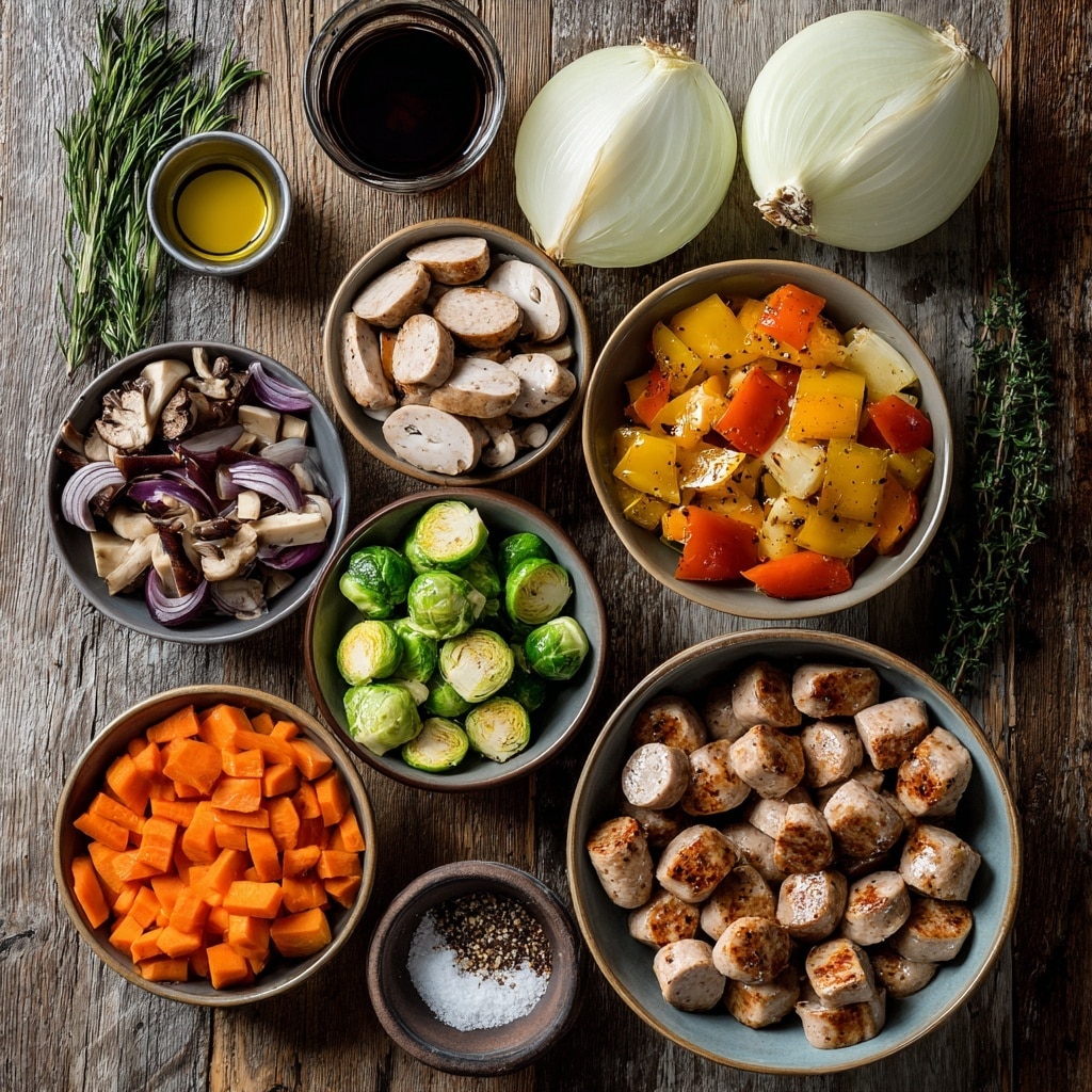 A white plate holds a colorful mix of roasted vegetables and sliced sausage. The dish includes bright green broccoli florets with some crisp edges, orange sweet potato cubes with slightly browned sides, round sausage slices that are light golden brown with visible seasoning specks, and chunks of purple-red onion showing soft textures and caramelized edges. Everything is mixed evenly, creating a vibrant and healthy look. Next to the plate is a white striped cloth and a golden fork. The whole scene is set on a white marbled surface. photo taken with an iphone --ar 4:5 --v 7