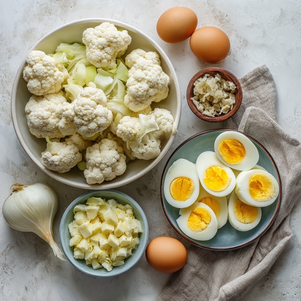 A clear glass bowl sits on a white marbled surface with a spoon inside, held by a woman's hand pouring a creamy light beige sauce over various finely chopped ingredients in the bowl. The bowl contains multiple colorful layers of food, including diced celery with a pale green color on the top left, a bunch of finely chopped dill beside it, chunks of cauliflower in white on the top right, chopped hard-boiled eggs showing bright yellow yolks and white pieces on the middle left, small pieces of green onions at the center, and diced purple onions below the green onions. A blue and white striped cloth is placed next to the bowl on the marble surface. photo taken with an iphone --ar 4:5 --v 7