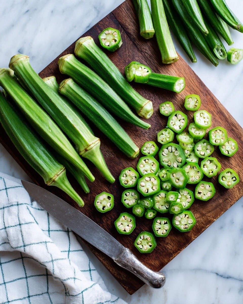 The image shows fresh green okra cut in different ways on a dark wooden cutting board placed on a white marbled surface. On the left side of the board, there are whole okras with smooth green skin. In the middle, some okras are cut in half lengthwise revealing white seeds inside. On the right side, there are many small round slices of okra arranged in a small pile. A shiny silver knife lies on the bottom left side of the cutting board next to a white towel with blue checks. photo taken with an iphone --ar 4:5 --v 7