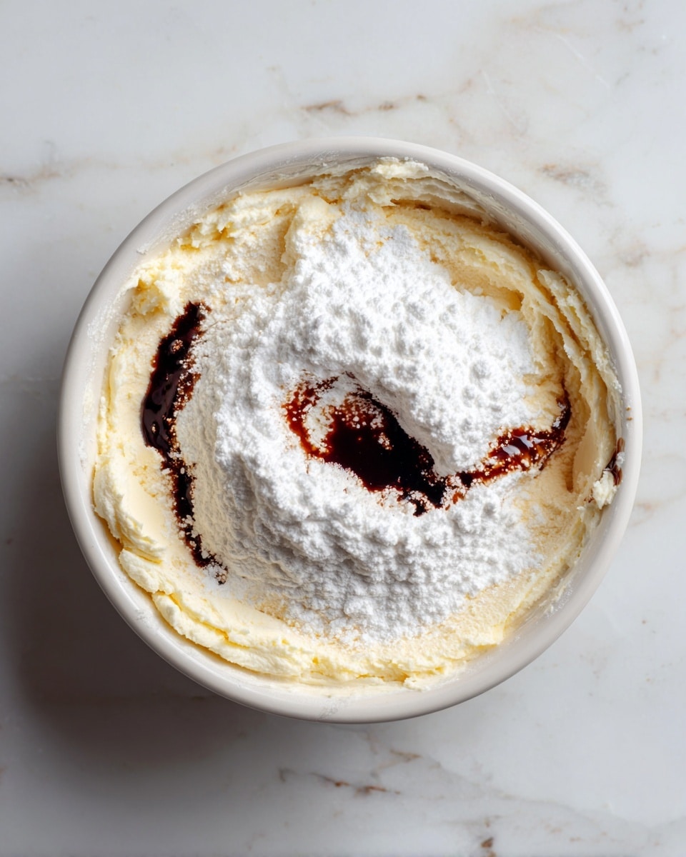 Five small containers sit on a white marbled surface, each holding a different ingredient. On the top left, a white square bowl is filled with colorful sprinkles in bright pink, yellow, green, blue, purple, and white. To the right, a white round bowl is heaped with white powdered sugar. On the bottom left, a white round bowl contains two thick, pale yellow blocks of butter. Next to it, on the right, a small clear glass bowl holds a deep amber liquid, which is likely vanilla extract. At the bottom, a white rectangular plate carries a block of smooth, white cream cheese. The arrangement is neat and brightly lit, photo taken with an iphone --ar 4:5 --v 7