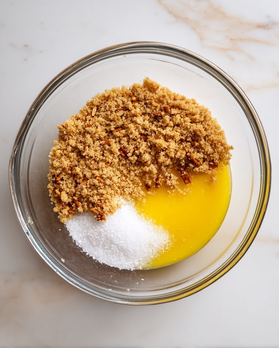 A square slice of strawberry dessert on a white plate with a scalloped edge, showing three layers: a bottom beige crumb crust, a middle creamy white layer, and a top bright red jelly layer filled with visible strawberry pieces. On top of the dessert is a dollop of white whipped cream, crowned with a single large whole strawberry with its green leafy top. In the background, a clear rectangular glass dish containing more of the same dessert sits on a dark surface next to a red-and-white striped cloth, with a whole strawberry nearby. The scene is arranged on a white marbled textured surface. photo taken with an iphone --ar 4:5 --v 7