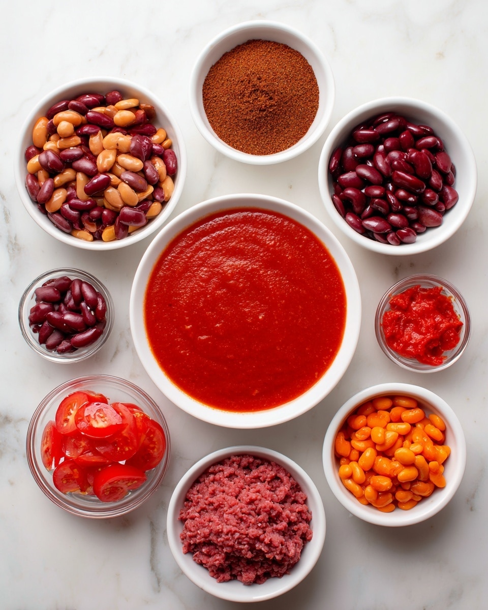 A white pot with yellow handles sits on a white marbled surface. Inside the pot, there are four distinct layers: at the bottom, deep red kidney beans with a smooth texture; next, orange-red beans forming a thick layer with a slightly shiny coat; on one side, sliced fresh tomatoes with a bright red color and soft, juicy texture; on top, a large mound of finely ground brown spices covering the beans and tomatoes in the center, with a powdery texture. The photo is taken with an iphone --ar 4:5 --v 7
