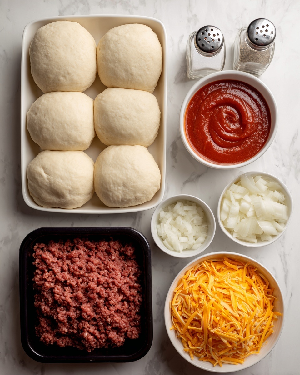 A close-up of a black pan filled with a mix of cooked ground meat and chopped onions, covered in a thick reddish-brown sauce; scattered chunks of melted cheese with a light cream and orange color are mixed within the meat, creating a rich texture contrast; an orange spatula with some sauce residue is placed inside the pan, resting near the right side; the pan sits on a white marbled surface photo taken with an iphone --ar 4:5 --v 7