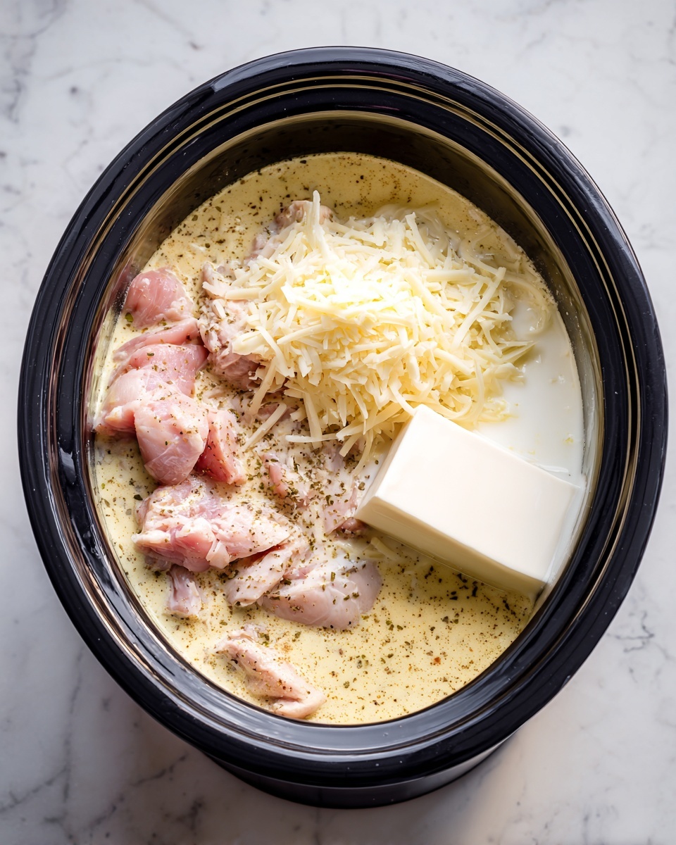 The image shows six cooking ingredients arranged neatly on a white marbled surface. At the top center, there is a white bowl filled with uncooked yellow farfalle pasta. To the left of the pasta bowl, a rectangular white plate holds a block of smooth white cream cheese. Below the cream cheese, a small bunch of bright green parsley is placed next to a clear glass bowl containing a creamy beige sauce with visible herbs and red pepper flakes. At the bottom left, a white oval dish holds two raw, pink chicken thighs. To the right of the chicken, a white bowl contains a smooth white liquid, likely milk. Finally, at the bottom right, a small white bowl is filled with shredded pale yellow cheese. All ingredients are fresh and well-arranged. Photo taken with an iphone --ar 4:5 --v 7