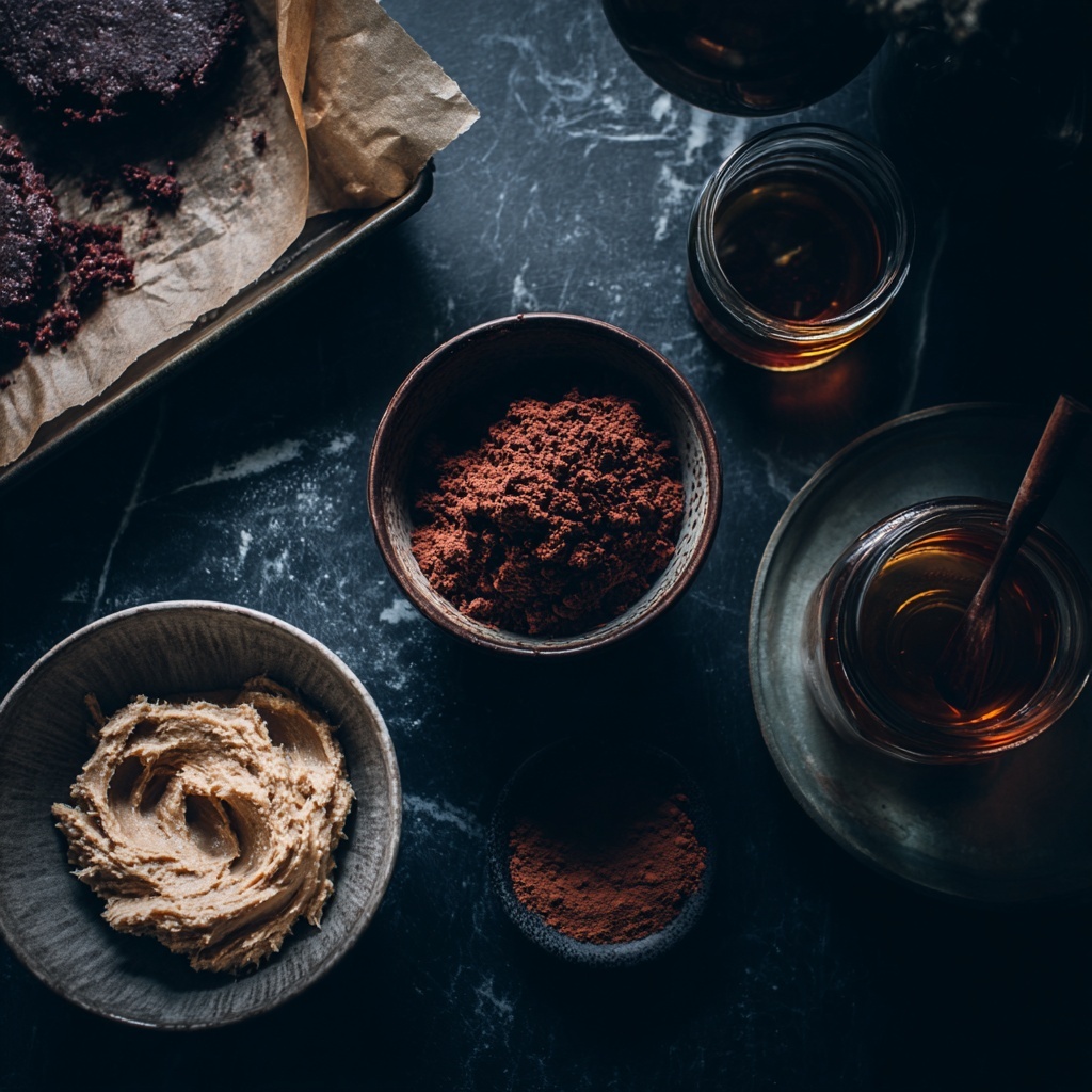 A stack of five thick, dark brown chocolate cookies with a rough, cracked texture and small bits of nuts embedded throughout. Each cookie is slightly uneven in shape, showing a homemade feel, and they are neatly piled on top of each other on a white marbled surface. The background shows a white tiled wall with soft natural light highlighting the rich color and texture of the cookies. photo taken with an iphone --ar 4:5 --v 7