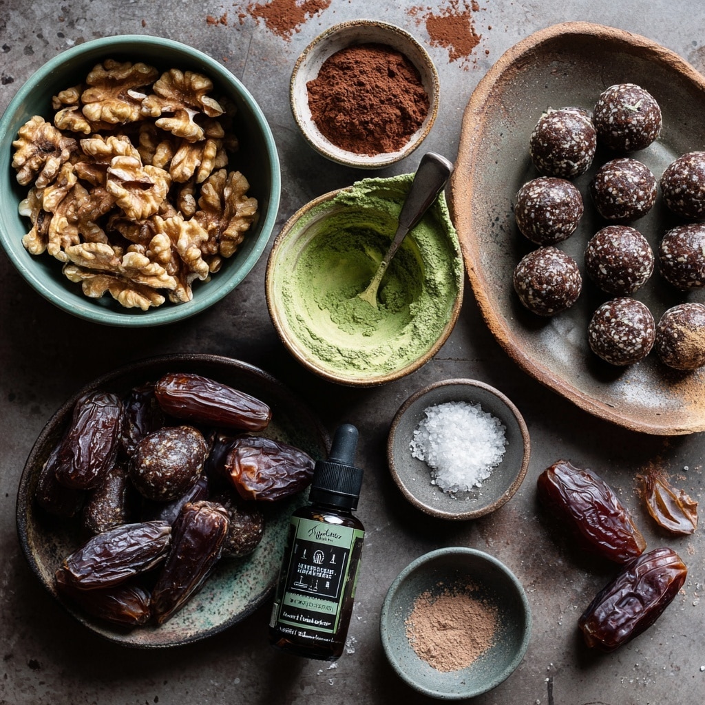 The image shows a clear food processor bowl with two layers inside: the bottom layer has dark brown dates with a wrinkled texture, and the top layer is a pile of light brown walnuts with rough surfaces. Around the processor on a white marbled surface, there are scattered walnuts and dates, plus a white bowl filled with dark reddish brown cocoa powder with a small wooden scoop inside. A gray striped cloth is partly visible on the bottom right side. photo taken with an iphone --ar 4:5 --v 7