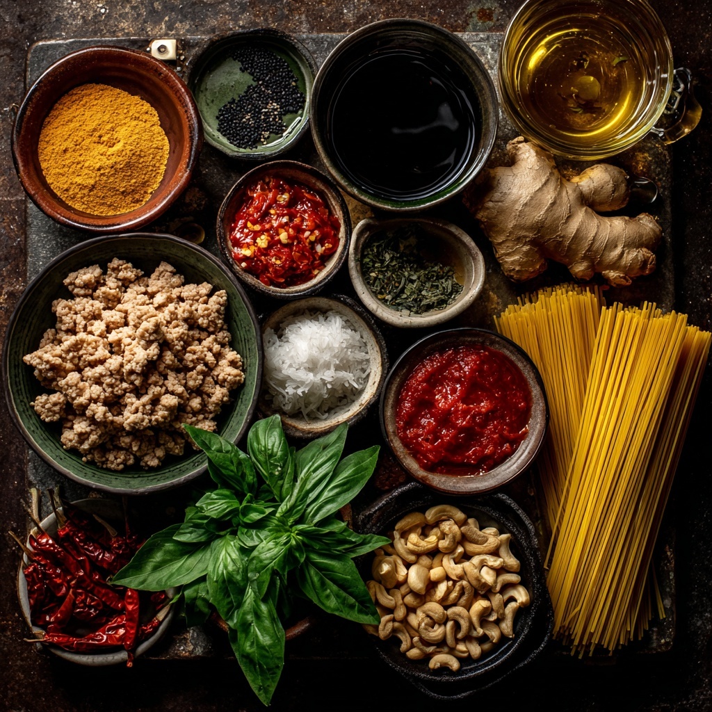 A black frying pan filled with cooked ground chicken mixed with a reddish-orange sauce, showing a moist, slightly chunky texture with small bits scattered throughout. Thin strips of green herbs are sprinkled evenly on top, adding a fresh contrast to the warm colors of the meat. A wooden spoon rests inside the pan on the right side, partially covered in the sauce. The pan handle is wrapped in a gray cloth with white stripes, resting on a white marbled surface that also has a few scattered green herb pieces and some spice flakes. In the top-left corner, fresh green basil leaves lie on the marbled surface. photo taken with an iphone --ar 4:5 --v 7