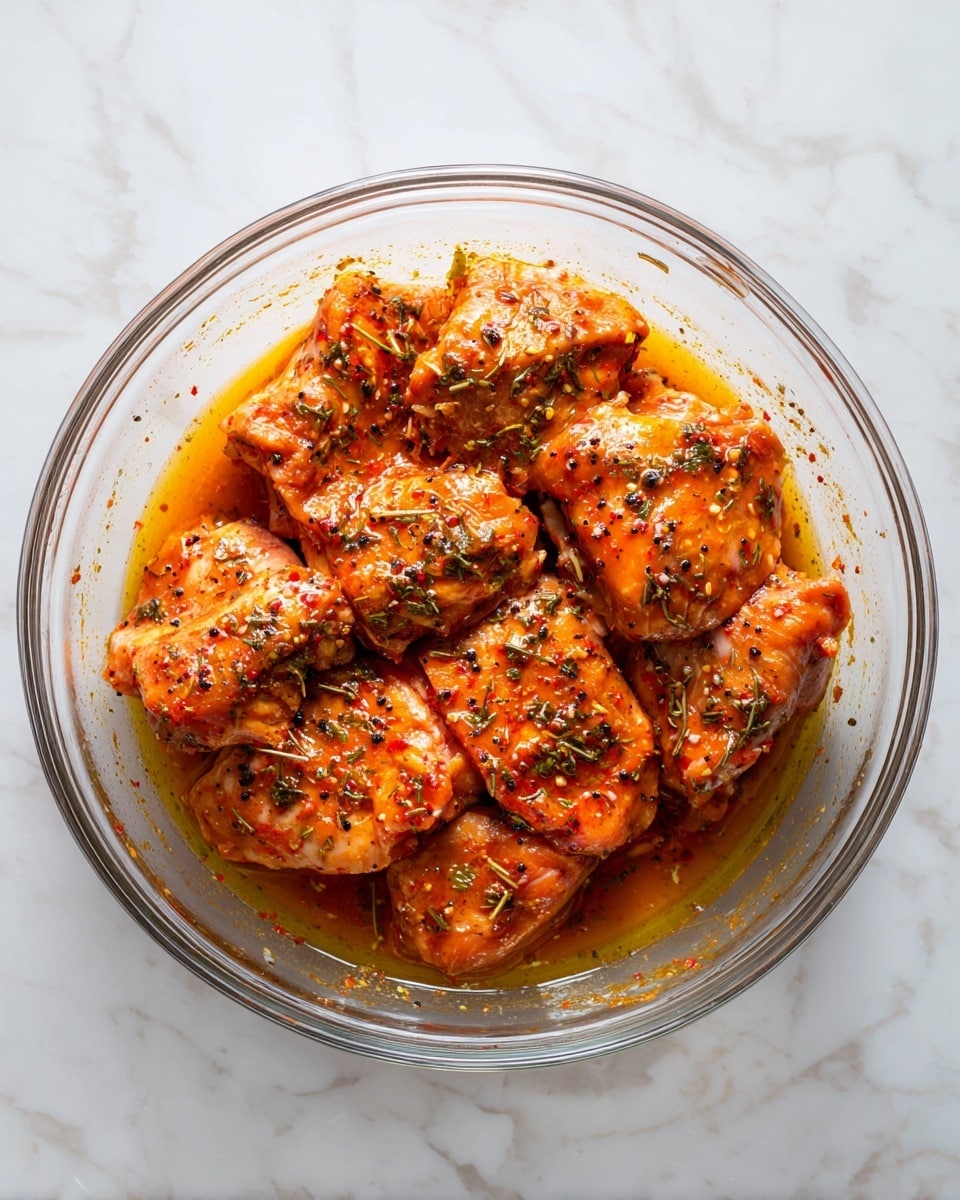 A clear glass bowl sits on a white marbled surface, filled with eight pieces of raw chicken thighs covered in an orange-red marinade. The marinade has a slightly oily texture with visible herbs and specks of black pepper evenly spread across the chicken pieces. The chicken is placed in a single even layer inside the bowl, with the marinade pooling around and slightly over the pieces. photo taken with an iphone --ar 4:5 --v 7