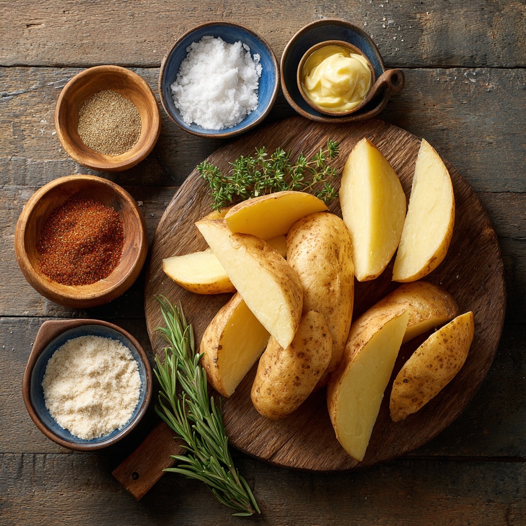 The image shows two parts: the top part has a white bowl filled with a dark brown sauce mixed with spices, with a silver fork resting inside it. The sauce looks thick and grainy, with a shiny surface and tiny bits floating in it. The bottom part has a white tray covered with shiny aluminum foil, holding three neat rows of golden brown potato wedges that look crispy and well-cooked. The wedges have a light, textured surface with some darker spots, arranged in straight lines on the foil. The whole scene is set on a white marbled surface. photo taken with an iphone --ar 4:5 --v 7