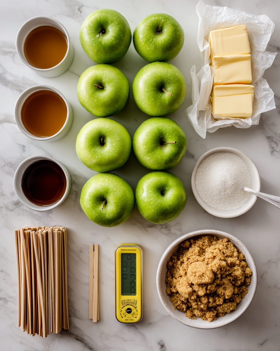 The image shows fresh green apples lined up in three uneven rows on a white marbled surface, surrounded by baking items: two sticks of butter wrapped in white paper on the upper right, a small white bowl with fine white granules beside them, and a larger white bowl filled with golden brown crumbs at the bottom right. At the top left, there are two small white cups filled with dark amber and light brown liquids. Toward the bottom left, a can of sweetened condensed milk is placed next to a set of wooden sticks and a yellow digital thermometer, all arranged neatly. photo taken with an iphone --ar 4:5 --v 7