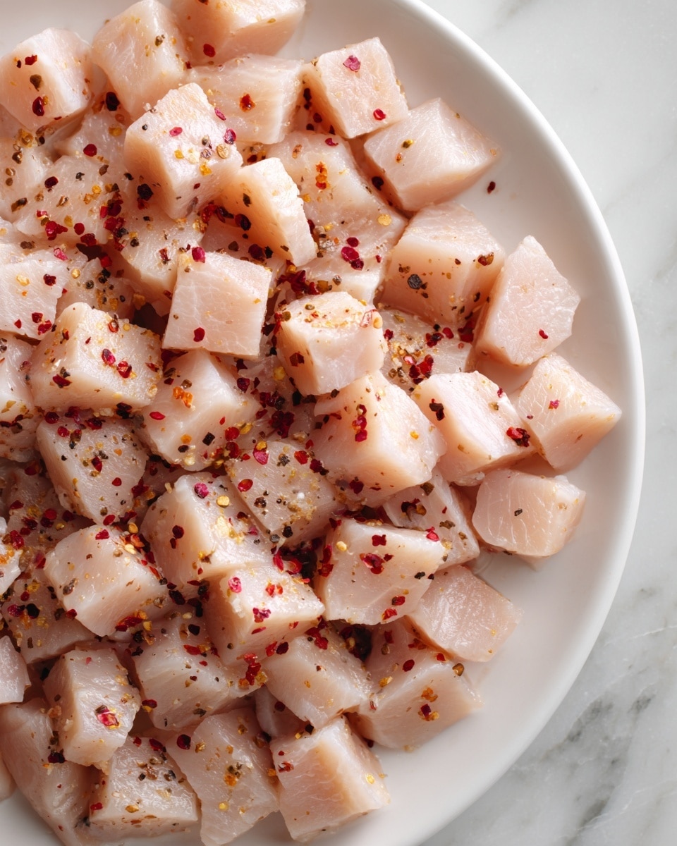 The image shows a close-up of many small, pale pink cubed pieces of raw chicken placed evenly on a white plate. The chicken pieces have a smooth and slightly shiny texture. They are sprinkled with black pepper and a bit of red spice, giving a contrast of dark specks over the light-colored chicken. The plate sits on a white marbled surface. The photo taken with an iphone --ar 4:5 --v 7