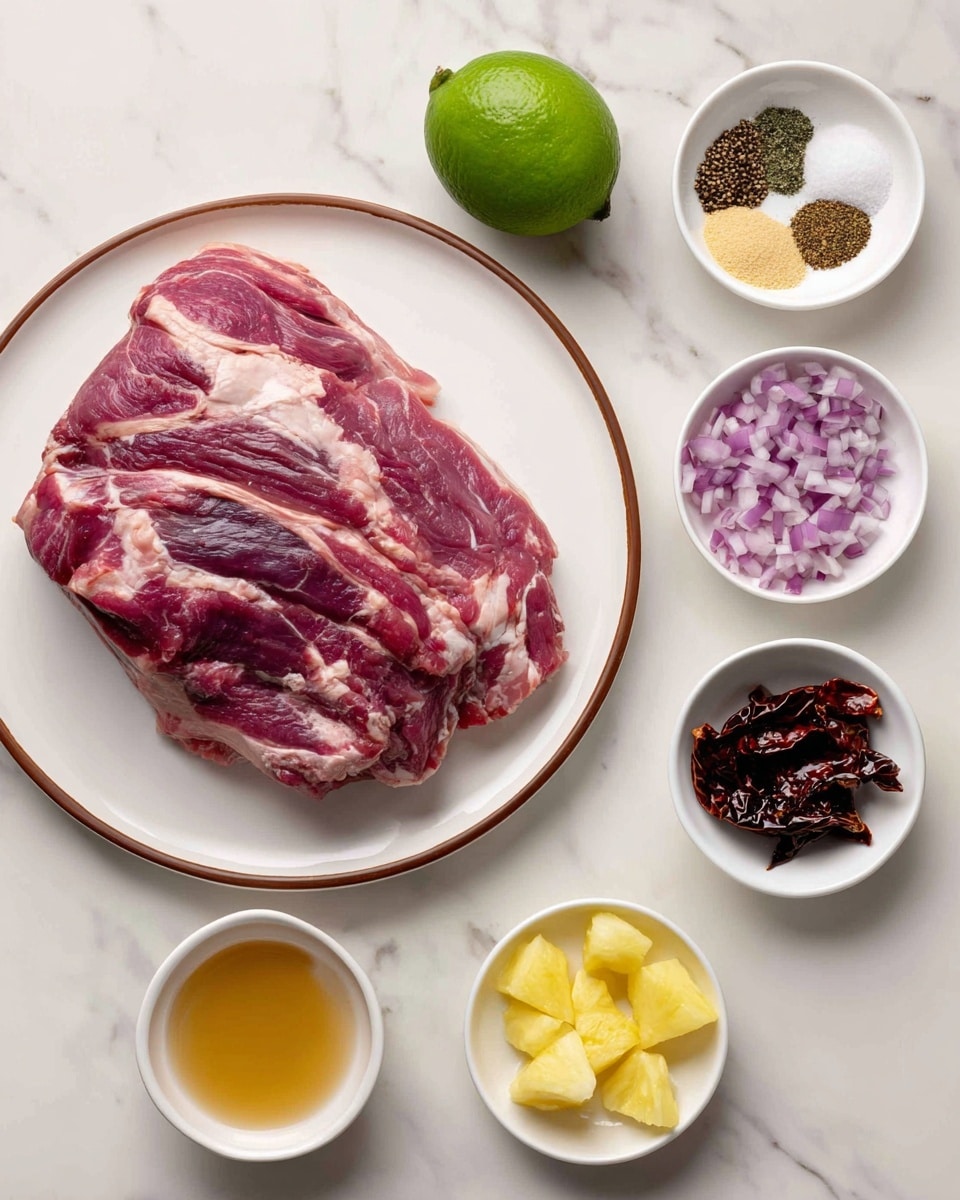 A large piece of raw red meat with visible fat layers sits on a white plate with a brown rim, positioned on a white marbled surface. To the right, there are three small white bowls arranged vertically: the top one with layers of ground spices including black pepper, salt, and other brown and green spices; the middle bowl holds finely chopped purple onions; and the bottom bowl contains dark red dried peppers. Below these, three more small white containers are visible: one with chopped garlic, one with light yellow pineapple chunks in juice, and one with a clear greenish liquid, likely oil. A whole green lime lies to the left of the pineapple, and a small white bowl with a golden liquid, possibly honey or syrup, is near the bottom right. The arrangement is neat and well spaced, all on the smooth white marbled background. photo taken with an iphone --ar 4:5 --v 7