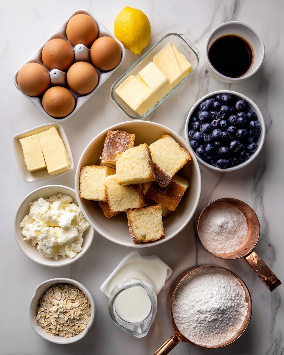 This image shows an overhead view of several white bowls and a clear glass measuring cup arranged neatly on a white marbled surface. The center bowl holds large chunks of light golden brown bread with soft interiors. Around it are bowls containing dark purple blueberries, light yellow butter cubes, brown sugar, rolled oats, white granulated sugar, cream cheese with a smooth white texture, and a small amount of brown cinnamon powder. A rectangular white egg holder with six brown eggs sits on the left side, next to a bright yellow lemon. The glass measuring cup is filled with white milk, and a small white square dish contains dark vanilla extract. To the right of the bread bowl, there is a copper measuring cup filled with white flour. photo taken with an iphone --ar 4:5 --v 7