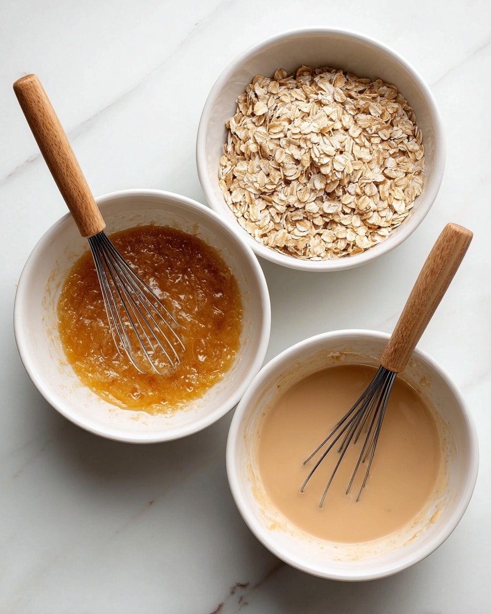Three white bowls are shown on a white marbled surface in a collage of three images. The first bowl contains a light amber liquid mixture being stirred with a whisk that has a wooden handle and black wires. The second bowl has dry rolled oats, light to medium brown in color, with the same whisk resting inside. The third bowl shows the oats now soaked in a light brown, milky liquid, with the whisk still inside, partially submerged in the mixture. photo taken with an iphone --ar 4:5 --v 7