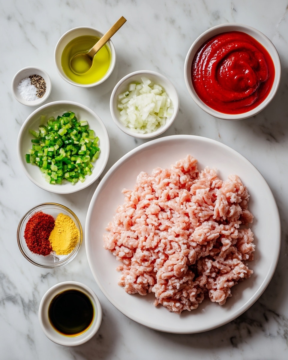 The image shows three steps of cooking in a silver inner pot of a black electric cooker, sitting on a white marbled surface. The first step is a layer of light tan crumbled tofu with chopped white onions and chopped green bell peppers placed on top in clusters. The second step shows the same tofu and vegetables mixed with a dollop of rich red tomato sauce in the middle. The third step shows the tofu mixture fully cooked with the sauce, now evenly blended to form a thick reddish-brown textured layer, filling the pot. photo taken with an iphone --ar 4:5 --v 7