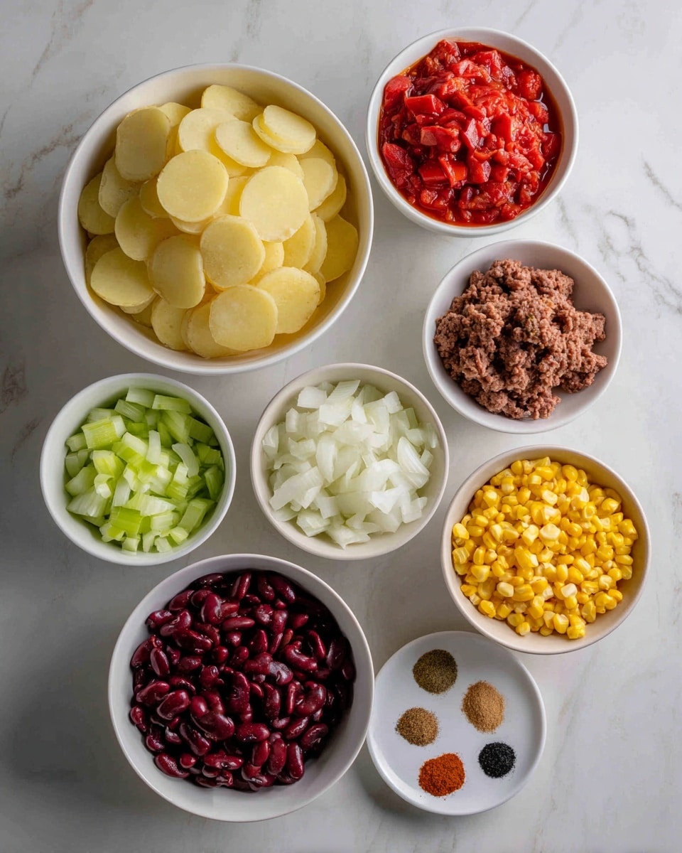 The image shows eight white bowls arranged on a white marbled surface, each holding different ingredients. The largest bowl at the top left contains thin, round, pale yellow potato slices stacked loosely. To the right is a smaller bowl with bright red diced tomatoes in sauce. Below the potato bowl is a bowl filled with finely chopped white onions, and next to it, another bowl holds small pieces of green celery. At the center is a slightly larger bowl with brown crumbled ground meat. Below the meat, a bowl contains dark red kidney beans, and to the right, a bowl is filled with bright yellow corn kernels. At the bottom right, a small white plate displays four powdered spices separated into four sections: white, black, reddish-brown, and light brown. The photo taken with an iphone --ar 4:5 --v 7