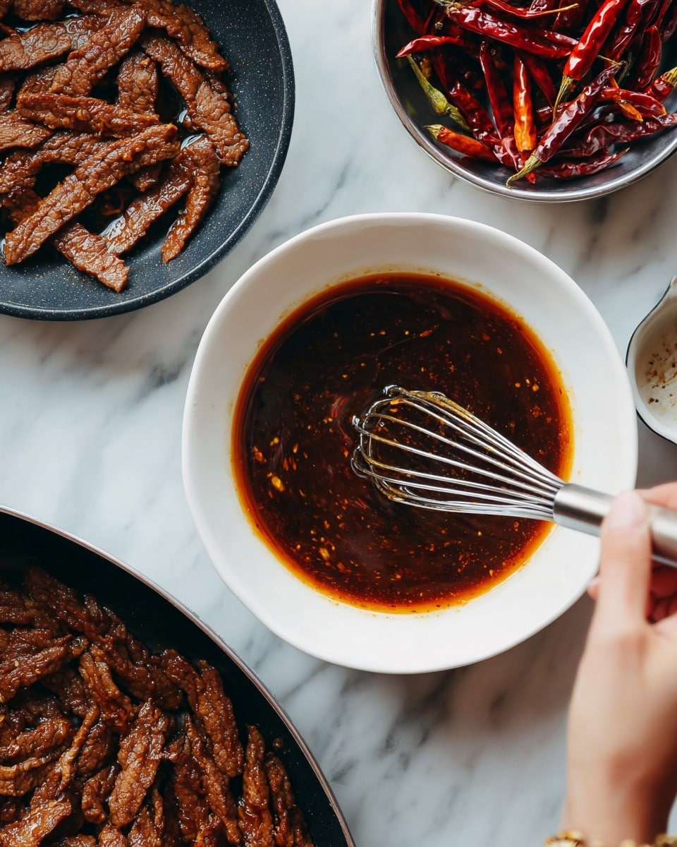A white bowl filled with dark brown sauce, mixed with a metal whisk held by a woman's hand; a black pan with thin strips of light brown cooked meat, arranged spread out evenly; another black pan containing the same light brown meat strips soaking in a reddish-brown sauce with several whole dry red chilies floating on the surface, all placed on a white marbled background photo taken with an iphone --ar 4:5 --v 7
