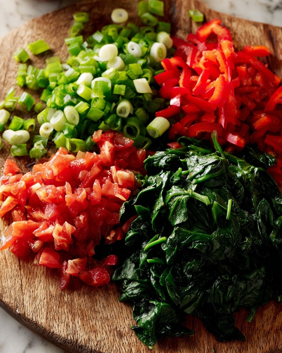 The image shows a black frying pan with two bright orange egg yolks and translucent egg whites cooking on top of a mix of diced red tomatoes and dark green leafy vegetables. A black spoon is placed inside the pan, holding white crumbled cheese being added over the vegetables and eggs. The surface beneath the pan has a white marbled texture. Steam rises gently from the pan, showing the food is hot. photo taken with an iphone --ar 4:5 --v 7