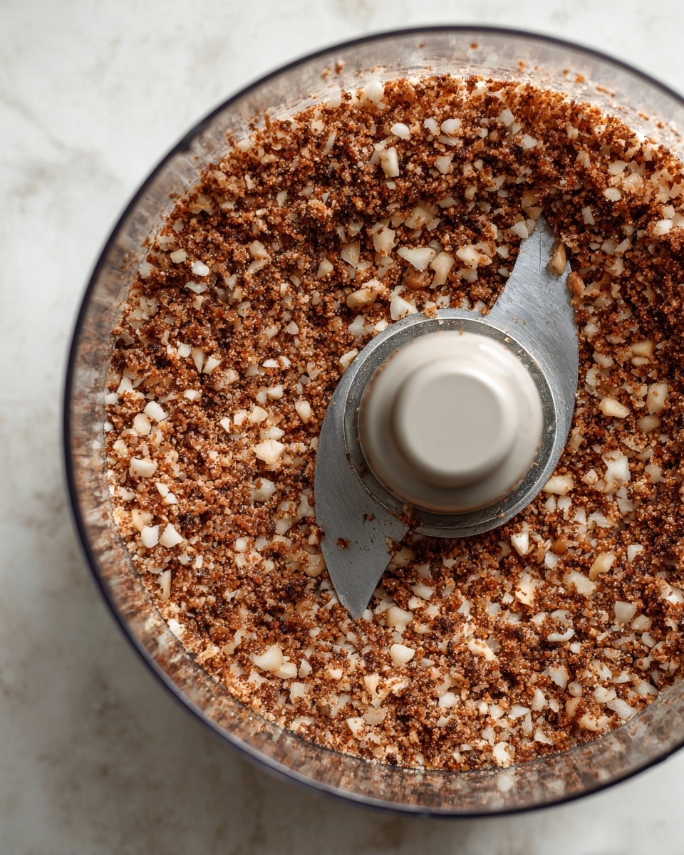 A close-up view inside a clear food processor bowl shows a mixture of small, crumbly brown pieces evenly spread around a central gray blade. The mixture has a coarse texture with light and dark brown colors, suggesting finely chopped nuts or grains. The food processor bowl sits on a table with a white marbled texture visible in the background. photo taken with an iphone --ar 4:5 --v 7