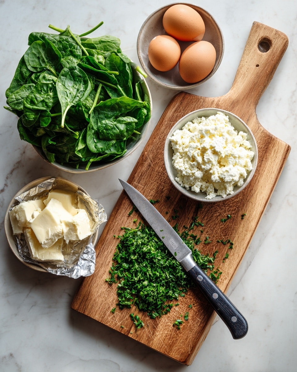 The image shows a wooden cutting board with finely chopped green herbs on it, along with a large silver knife with a black handle resting diagonally on the board. To the top left of the board, there is a bowl full of fresh, green spinach leaves. Above the cutting board are three small bowls placed on a white marbled surface: one contains white crumbly cottage cheese, another has pale yellow butter partially wrapped in foil, and the last bowl holds three brown eggs. The colors in the image are mainly green, white, and light brown with natural, fresh textures, all set on the clean white marbled background. Photo taken with an iphone --ar 4:5 --v 7