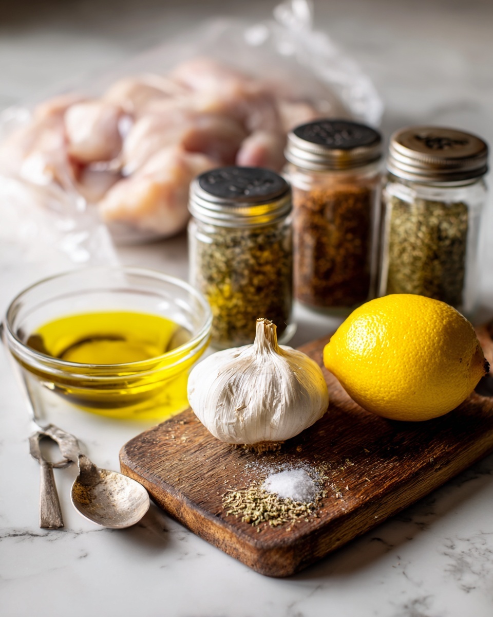 The image shows various cooking ingredients placed on a white marbled surface. In the front, there is a wooden board holding a whole garlic bulb with a single garlic clove next to it, and a bright yellow lemon positioned on the right side. Behind the board, there are several glass jars containing coarse salt, dried herbs, and a brown spice. To the left side, there is a clear glass bowl with yellow oil and a shiny silver metal container with a lid, along with a metal spoon resting beside it. In the background, a plastic bag with raw chicken pieces is visible. The photo taken with an iphone --ar 4:5 --v 7
