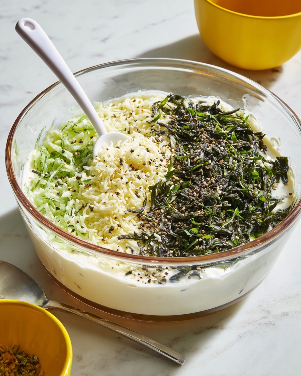 A clear glass bowl filled with three main layers: the bottom layer is a thick white creamy base, the middle layer consists of light green grated vegetables or herbs, and the top layer is a mix of dark green chopped fresh herbs sprinkled with black pepper. A white spatula is partially resting inside the bowl. The bowl is placed on a white marbled textured surface, with a yellow container and a silver spoon nearby. photo taken with an iphone --ar 4:5 --v 7