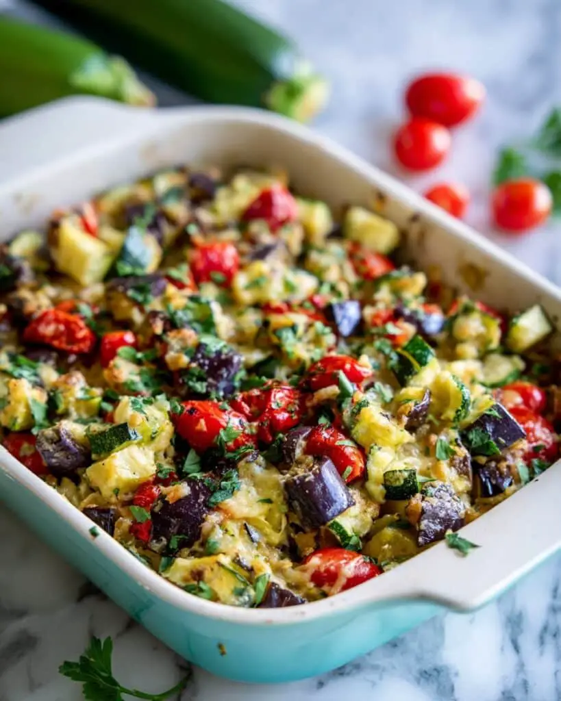 Tomato Eggplant Zucchini Bake with Garlic and Parmesan Recipe