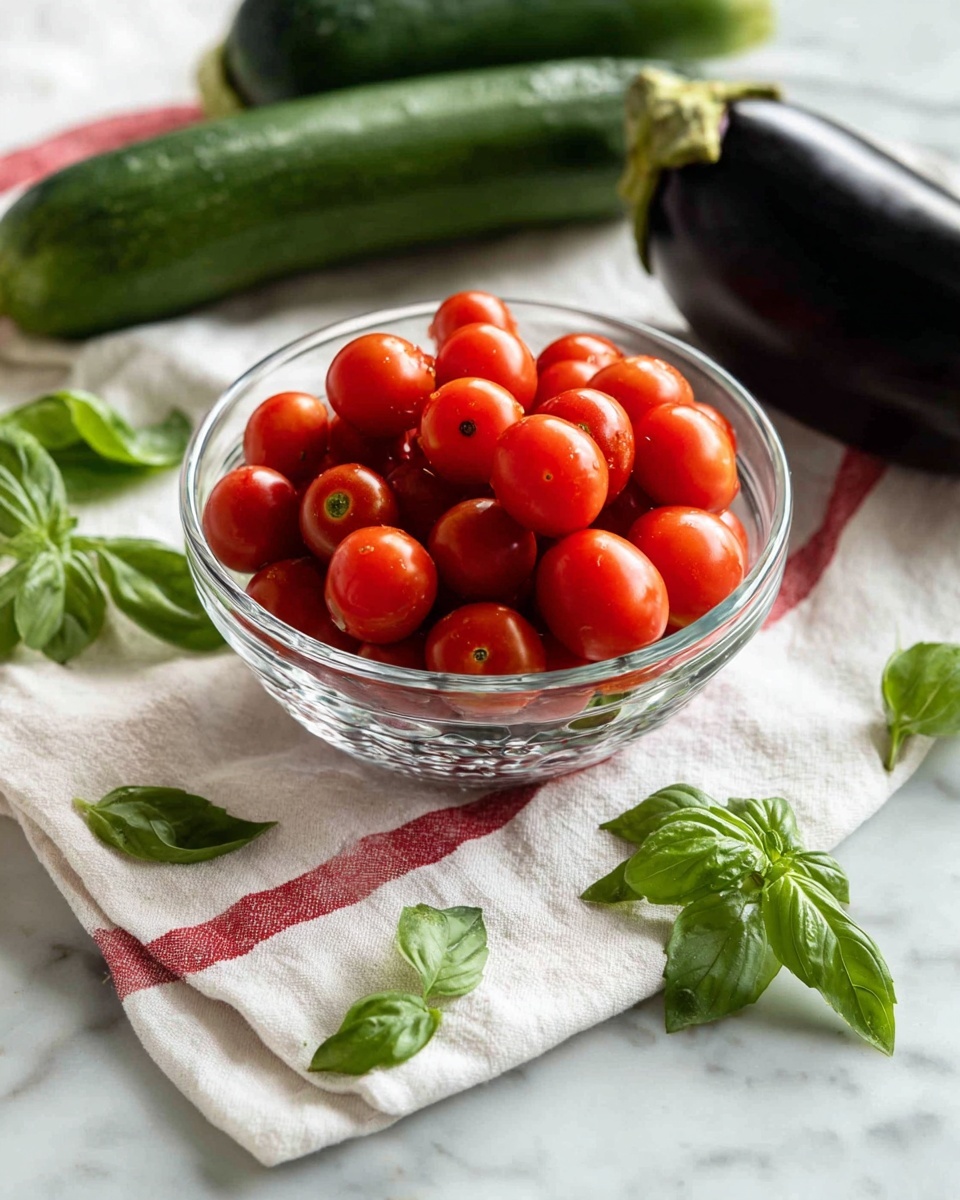 A clear glass bowl filled with bright red grape tomatoes sits at the center on a white cloth with red stripes. Around the bowl, smooth green basil leaves are scattered, along with a shiny dark purple eggplant on the right and two dark green zucchinis on the left. The scene is set on a white marbled surface, creating a fresh and natural look. Photo taken with an iphone --ar 4:5 --v 7