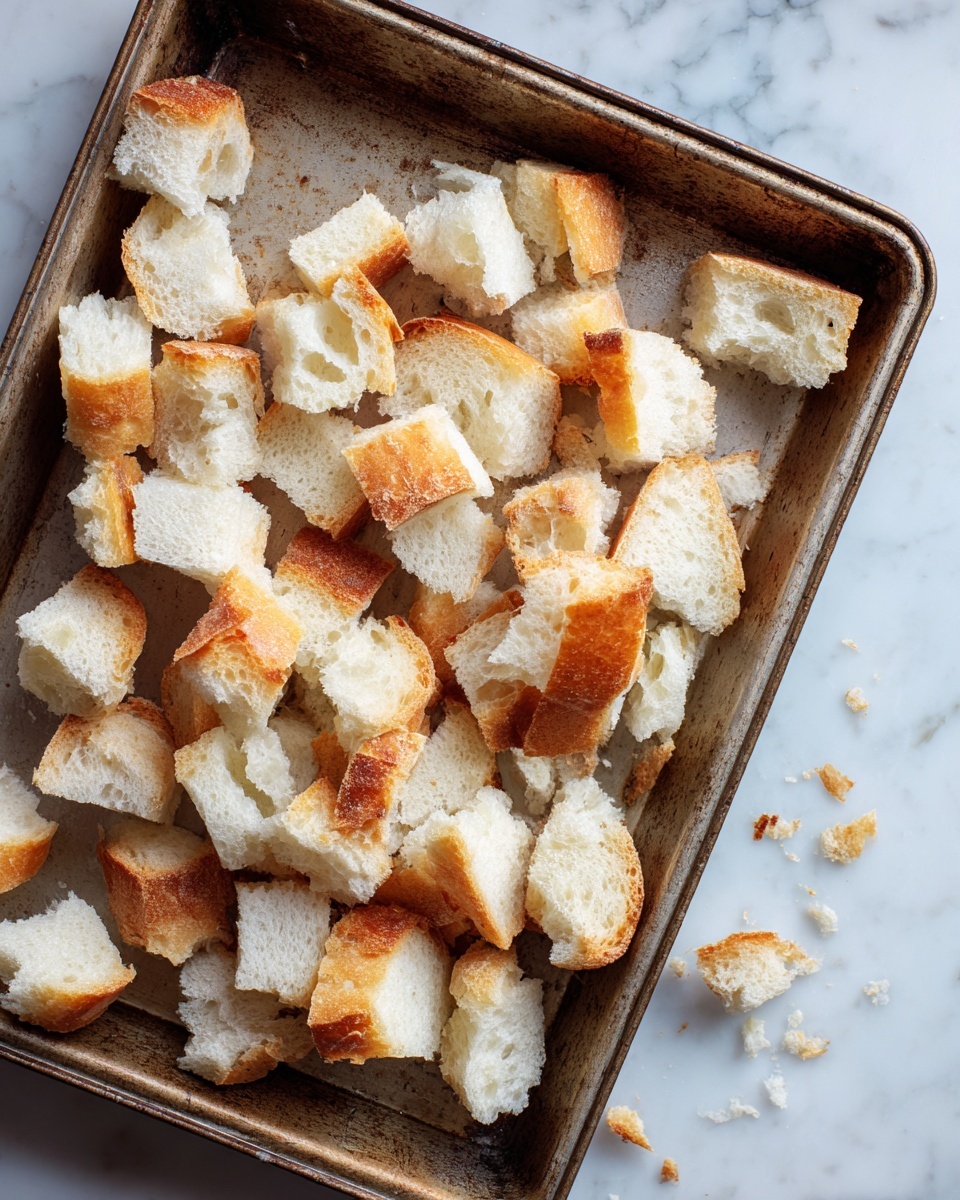 A rusty metal baking tray filled with many uneven pieces of white bread torn into small chunks, each with light golden brown edges and soft, airy white centers, spread out loosely with some crumbs scattered around. The baking tray sits on a white marbled surface. photo taken with an iphone --ar 4:5 --v 7
