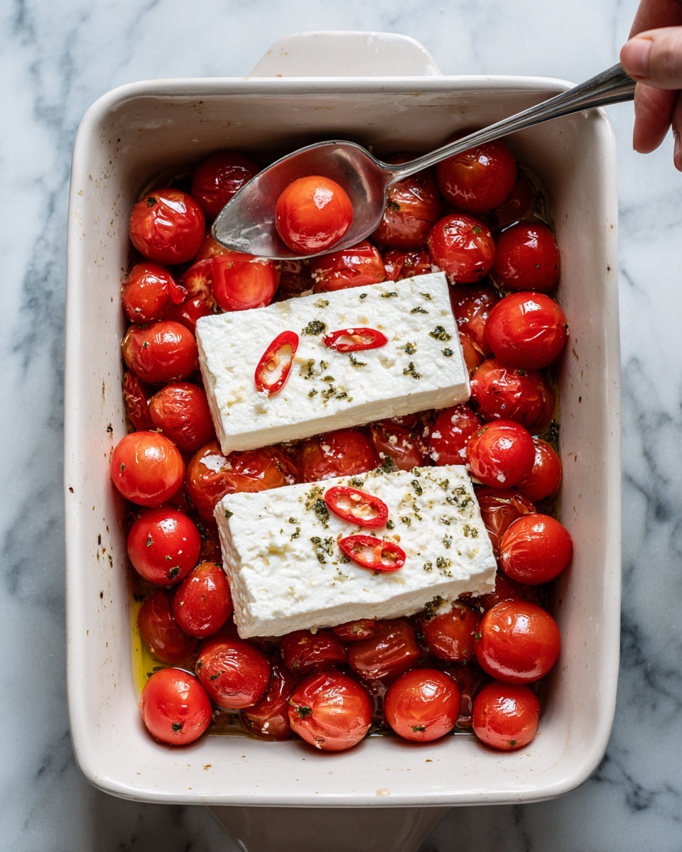 A white plate filled with one large rectangular block of pale beige, soft cheese placed in the center. Around the cheese are many round, beige chickpeas and bright red roasted cherry tomatoes, some slightly shriveled and shiny. The cheese has small browned spots and is topped with small bits of green parsley and charred dark red pepper slices scattered across the surface. The background is a white marbled texture. photo taken with an iphone --ar 4:5 --v 7