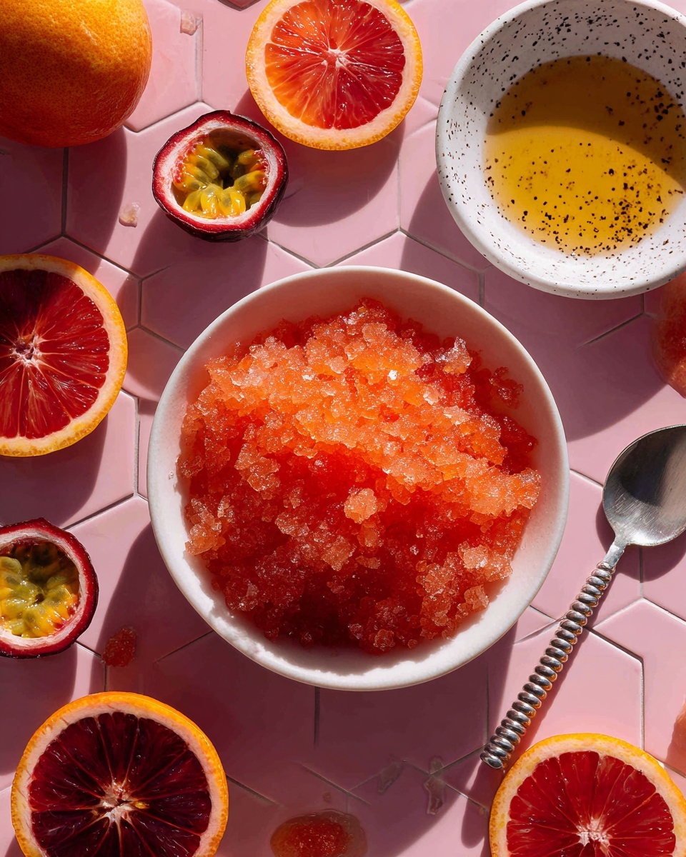 The image shows a white bowl in the center filled with chunky, translucent orange granita with a rough, icy texture. Around the bowl, there are several halves and slices of blood oranges, showing bright red and orange flesh with a juicy, shiny surface. To the upper right, there is a white bowl with black spots holding a light golden honey-like liquid with some dark lines floating in it. Small halved passion fruits with yellow-orange seeds and juicy texture are scattered around the scene as well. A shiny silver spoon with a twisted handle lies next to the oranges on a pink hexagonal tile surface. The whole setting is bright and colorful with close-up details and sunlight highlighting the textures. photo taken with an iphone --ar 4:5 --v 7