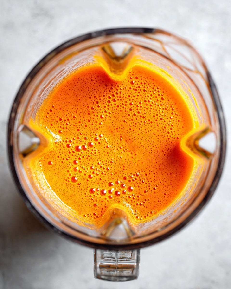 A close-up top view of a blender filled with a single smooth layer of bright orange sauce that has a creamy texture with tiny bubbles on the surface, inside a clear container with visible blending blades at the bottom, all placed on a white marbled textured surface. photo taken with an iphone --ar 4:5 --v 7