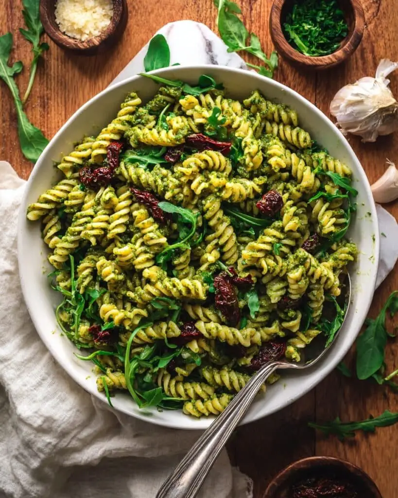 Pea Pesto Pasta with Sun-Dried Tomatoes & Arugula (Vegan + GF) Recipe