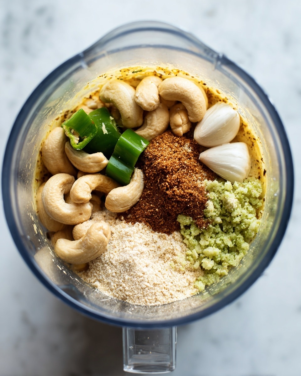 Inside a clear blender container on a white marbled surface, there is a mixture of different ingredients. The bottom layer has many cashew nuts, creamy yellow sauce, brown paste, three peeled whole garlic cloves, light beige powder, and small chunks of bright green jalapeño peppers. The ingredients have different textures, from smooth paste to crunchy nuts and fresh vegetable pieces. The blender container is viewed from above, showing all the ingredients clearly gathered together in the center. photo taken with an iphone --ar 4:5 --v 7