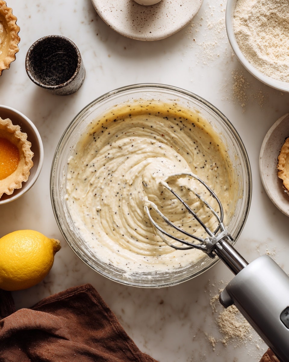 A clear glass bowl filled with a thick, creamy mixture speckled with small dark seeds being mixed by an electric hand mixer, positioned in the lower right corner with its beaters partially submerged in the mixture. Around the bowl, on a white marbled surface, are a halved lemon on a brown cloth in the bottom left, a small dark speckled cup above the brown cloth, a white small round dish above the glass bowl, a tart shell with orange filling in the top left, and part of a large white bowl with some powder in the upper right. The scene is well lit, showing the texture and colors clearly, photo taken with an iphone --ar 4:5 --v 7