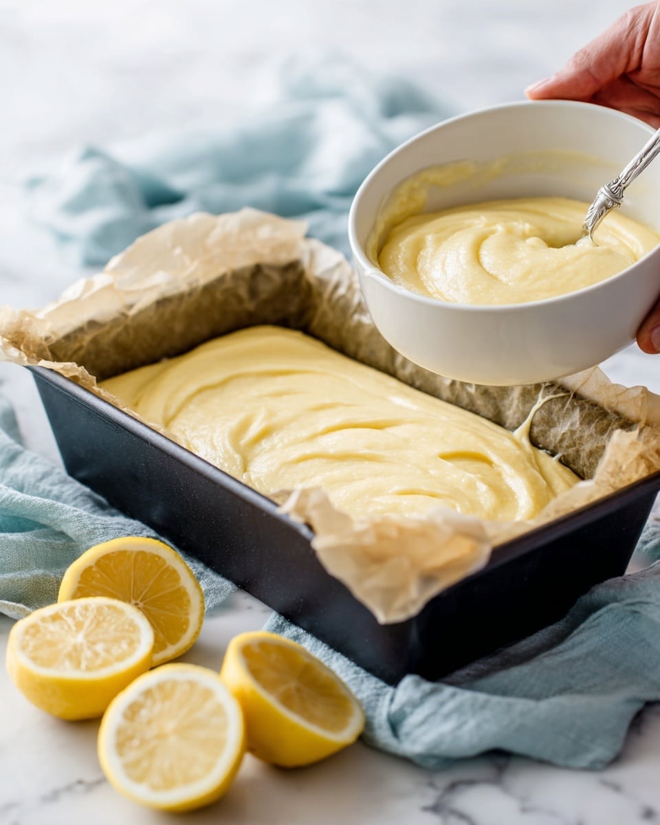 A rectangular black baking pan lined with crinkled brown parchment paper is filled with a smooth, creamy pale yellow batter that has soft swirls and a thick texture. In the foreground, a woman's hand is holding a white bowl with more of the same batter, with a spoon dipping into it, slightly blurred to show motion. Around the pan, there are three lemon halves showing their juicy, bright yellow flesh and a soft, light blue cloth on a white marbled surface. The scene is bright and fresh, emphasizing the batter and lemons. photo taken with an iphone --ar 4:5 --v 7
