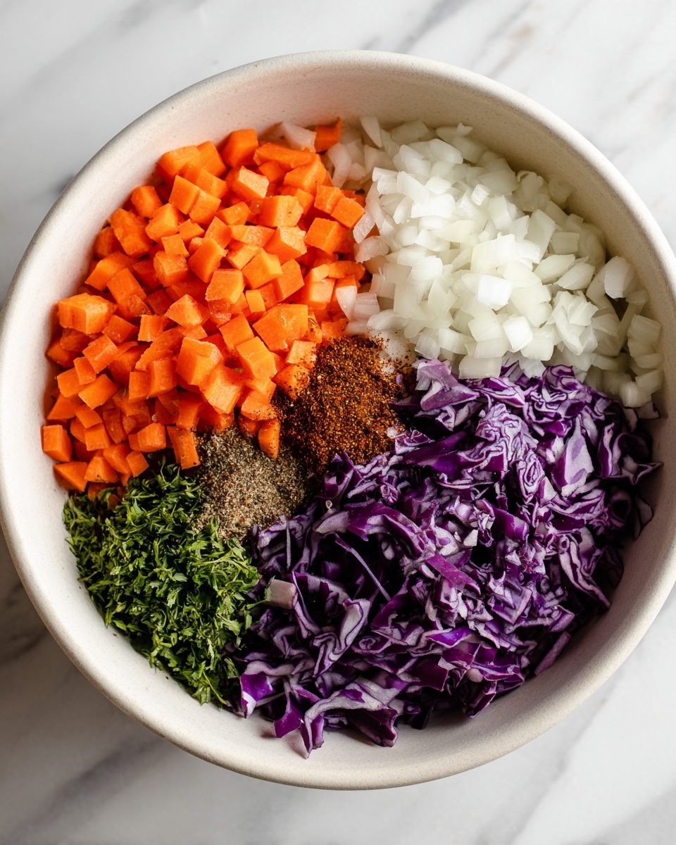 A white bowl filled with four layers of finely chopped ingredients, placed on a white marbled surface. The top left layer is bright orange small diced carrots, below it is a layer of finely chopped white onions with a slight purple tint, the bottom layer shows shredded purple cabbage with varied purple shades and some small white pieces, and the top right section has a small pile of brown spice powder with finely chopped green herbs sprinkled beside it. The textures are fresh and finely chopped, with distinct color separation and no mixing. photo taken with an iphone --ar 4:5 --v 7